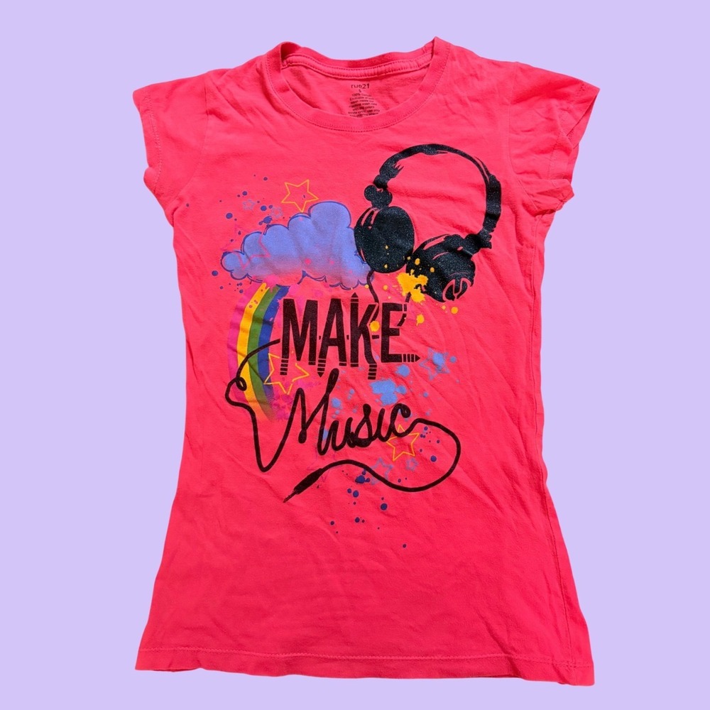 Y2K rue21 Make Music Graphic Tee Headphones Rainbow Scene Shirt #19